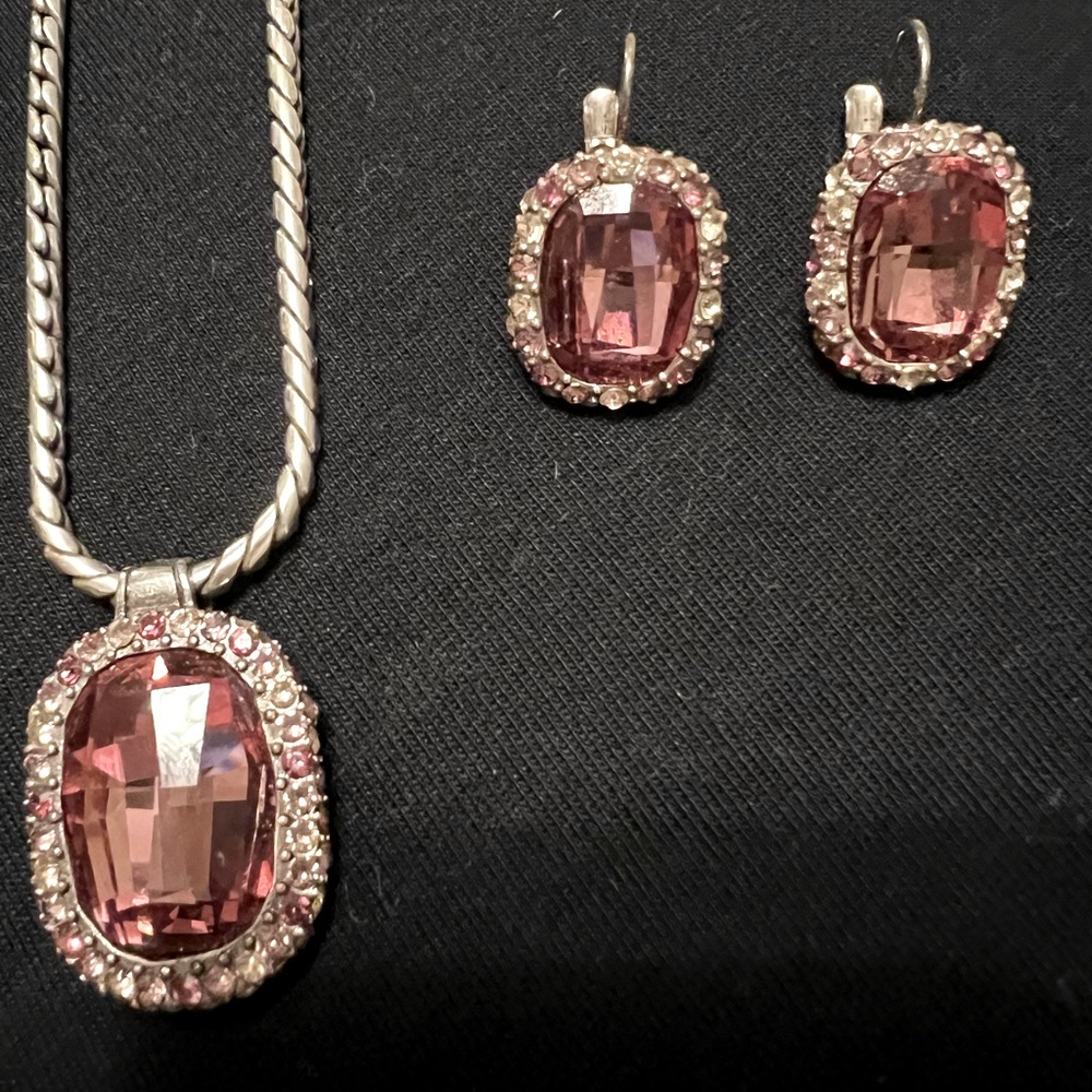 Brighton earrings & necklace pink stone 16” adjustable chain.